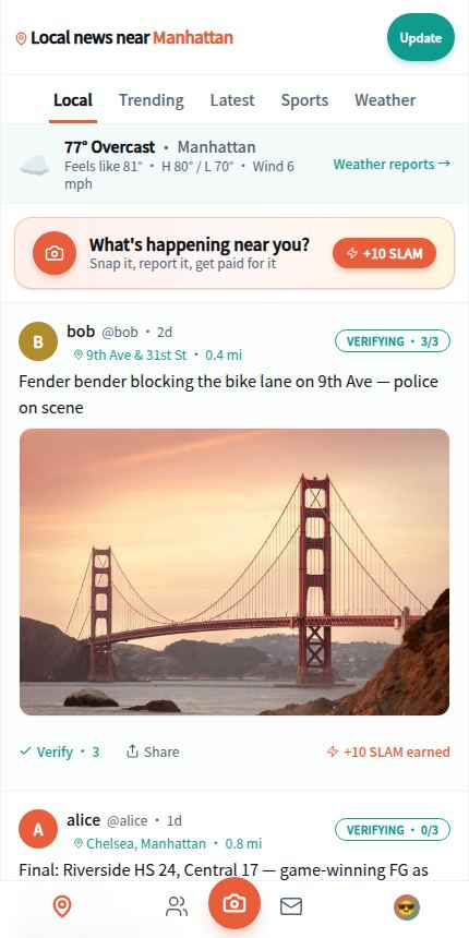 SLAM NEWS app — local news feed with verified citizen reports