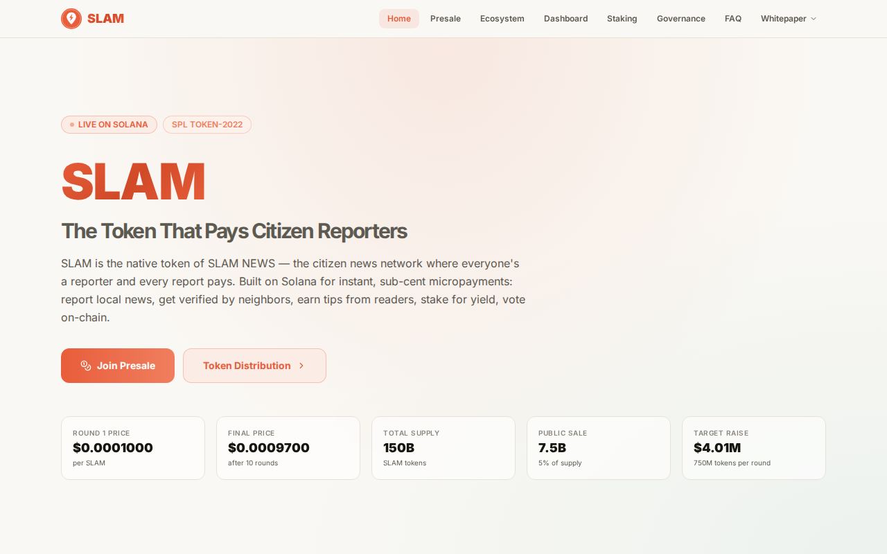 SLAM Token site — presale, staking, and tokenomics